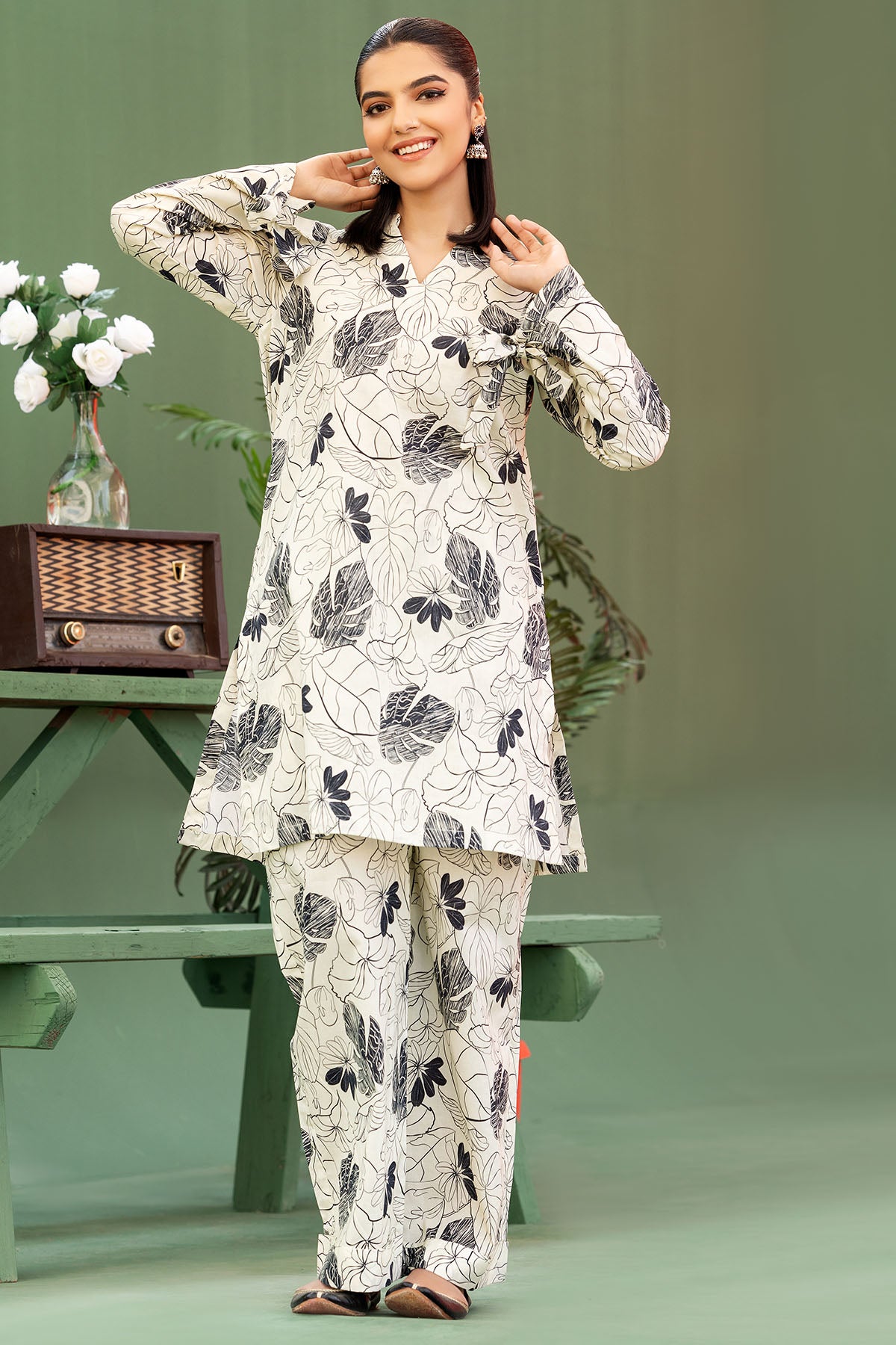 Pakistani Ivory & Black Digital Printed Lawn Salwar Kameez (2-Piece) - Image 1