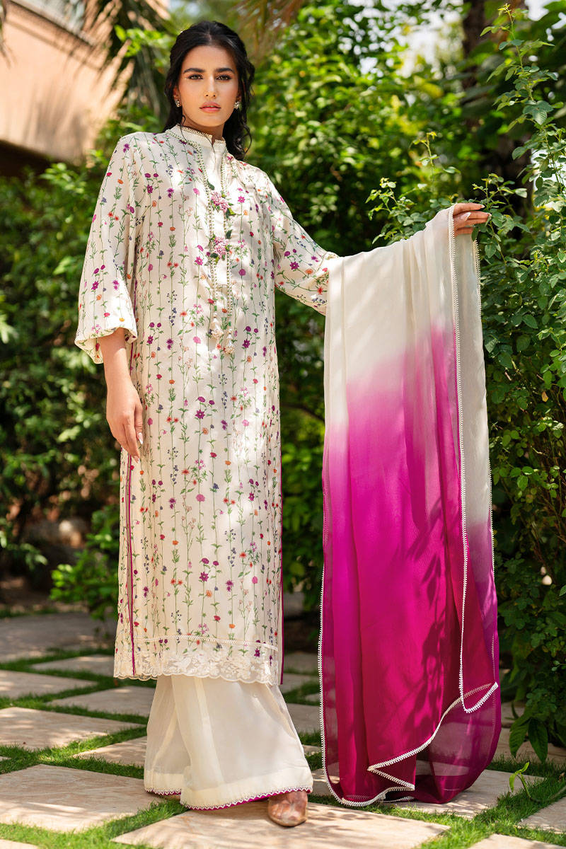 Ivory Floral Embroidered Lawn Salwar Kameez (3-Piece) - Image 1