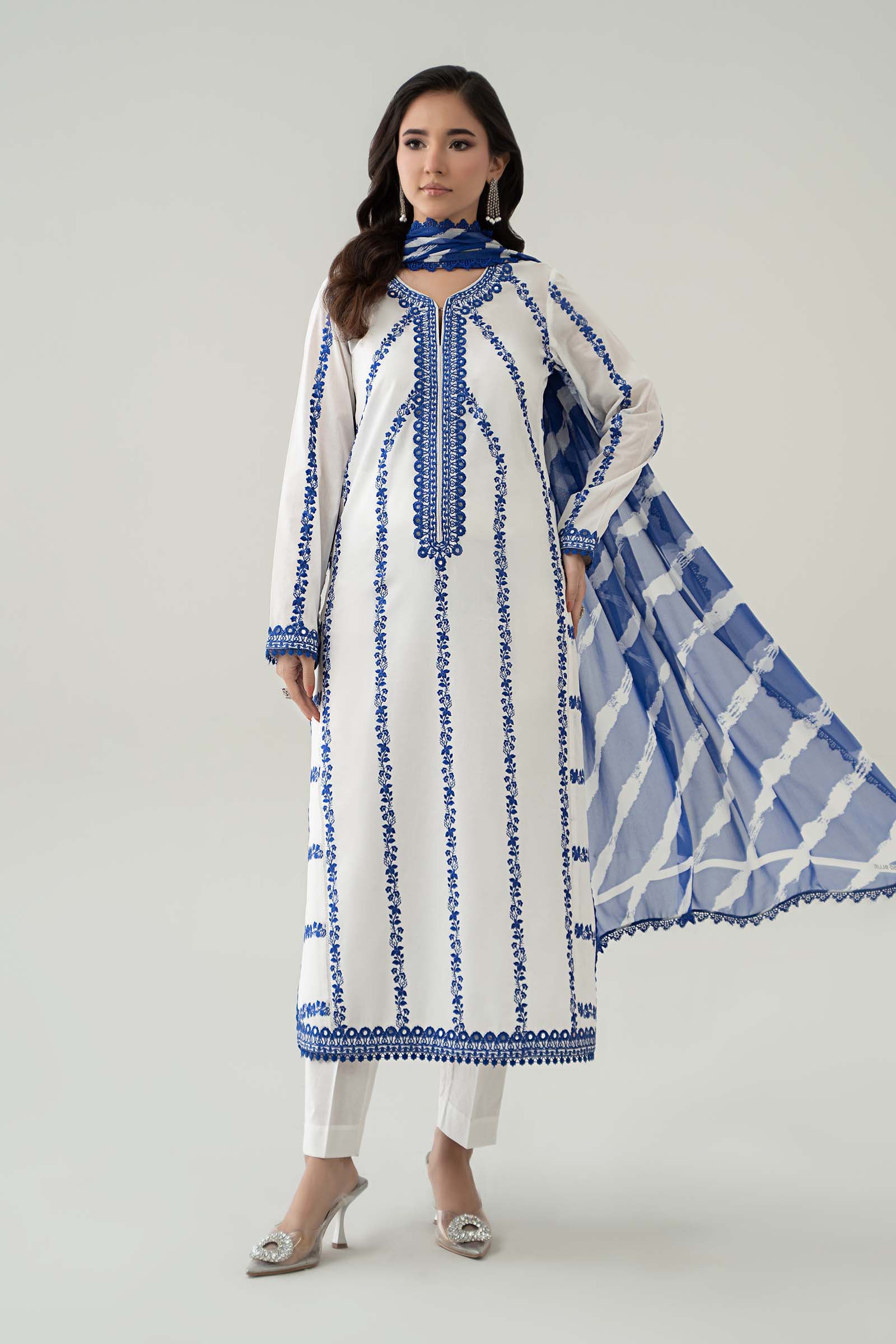 Pakistani Off-White Blue Embroidered Lawn Salwar Kameez (3-Piece) - Image 1