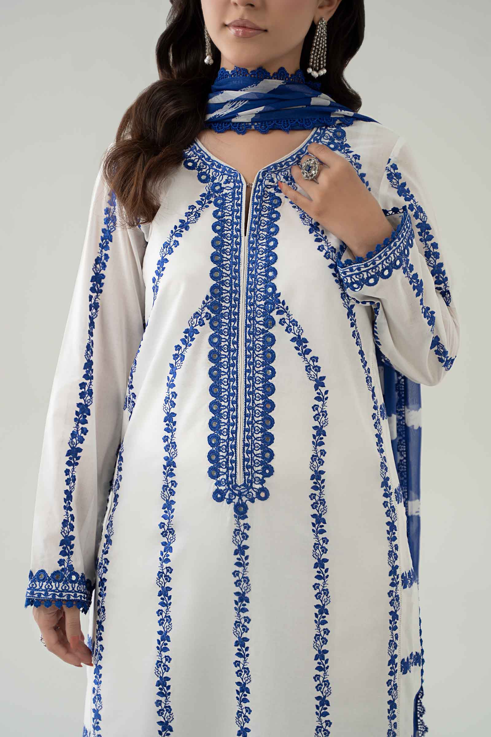 Pakistani Off-White Blue Embroidered Lawn Salwar Kameez (3-Piece) - Image 4