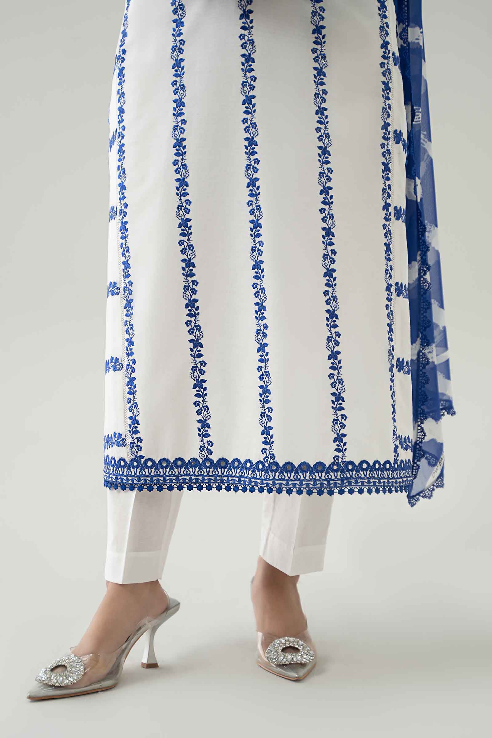 Pakistani Off-White Blue Embroidered Lawn Salwar Kameez (3-Piece) - Image 5