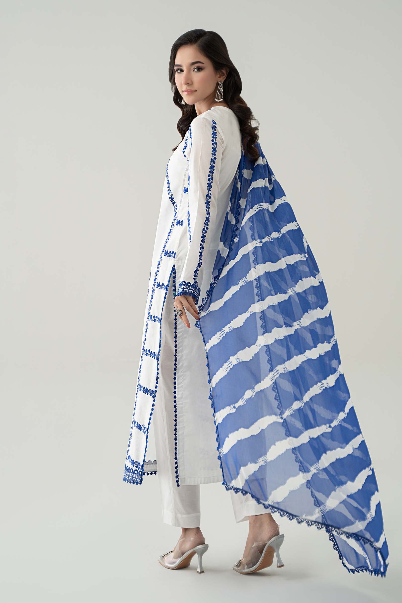 Pakistani Off-White Blue Embroidered Lawn Salwar Kameez (3-Piece) - Image 7