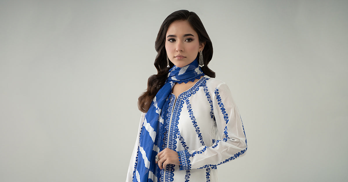 Pakistani Off-White Blue Embroidered Lawn Salwar Kameez (3-Piece) - Image 8