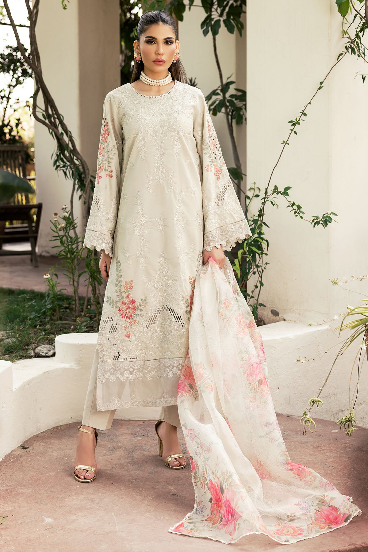Pakistani Ivory Schiffli Embroidered Lawn 3-Piece Suit - Image 1