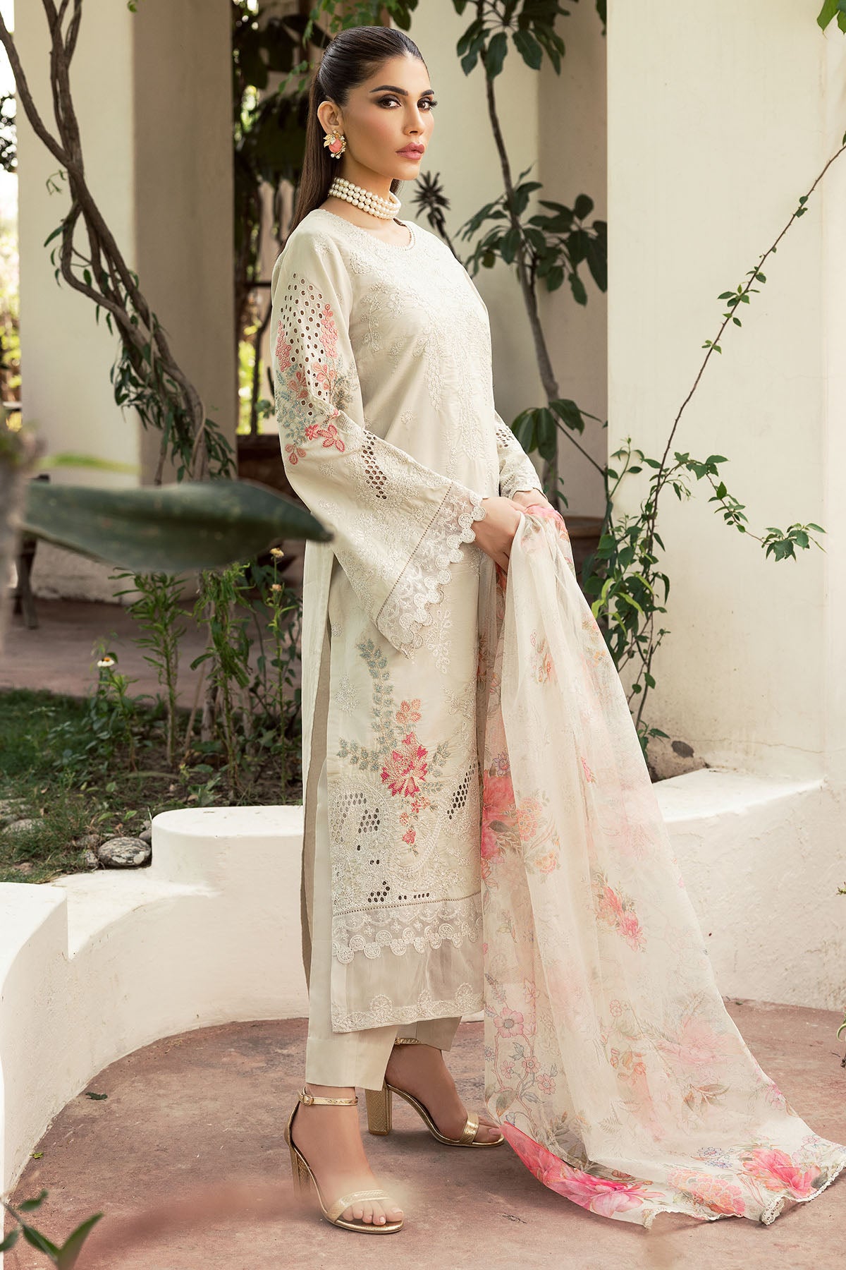 Pakistani Ivory Schiffli Embroidered Lawn 3-Piece Suit - Image 2