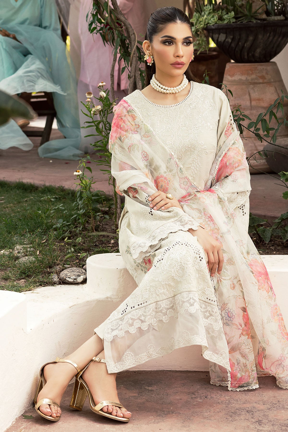 Pakistani Ivory Schiffli Embroidered Lawn 3-Piece Suit - Image 5