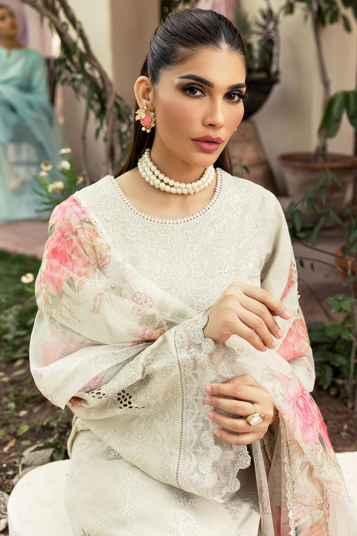Pakistani Ivory Schiffli Embroidered Lawn 3-Piece Suit - Image 8