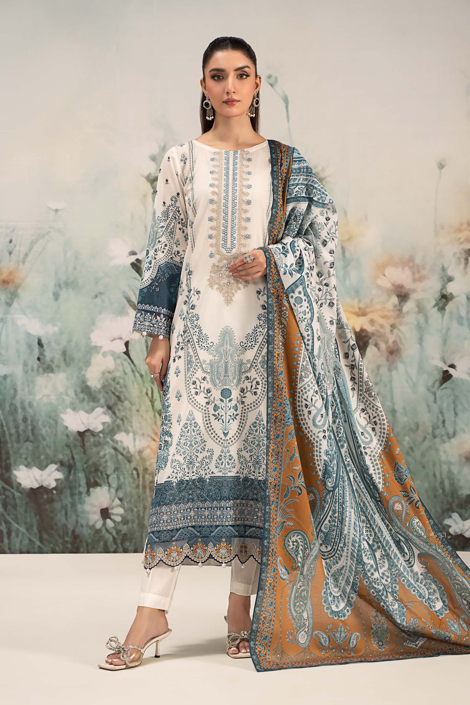 Pakistani Off White Embroidered Lawn Salwar Kameez (3-Piece) - Image 1