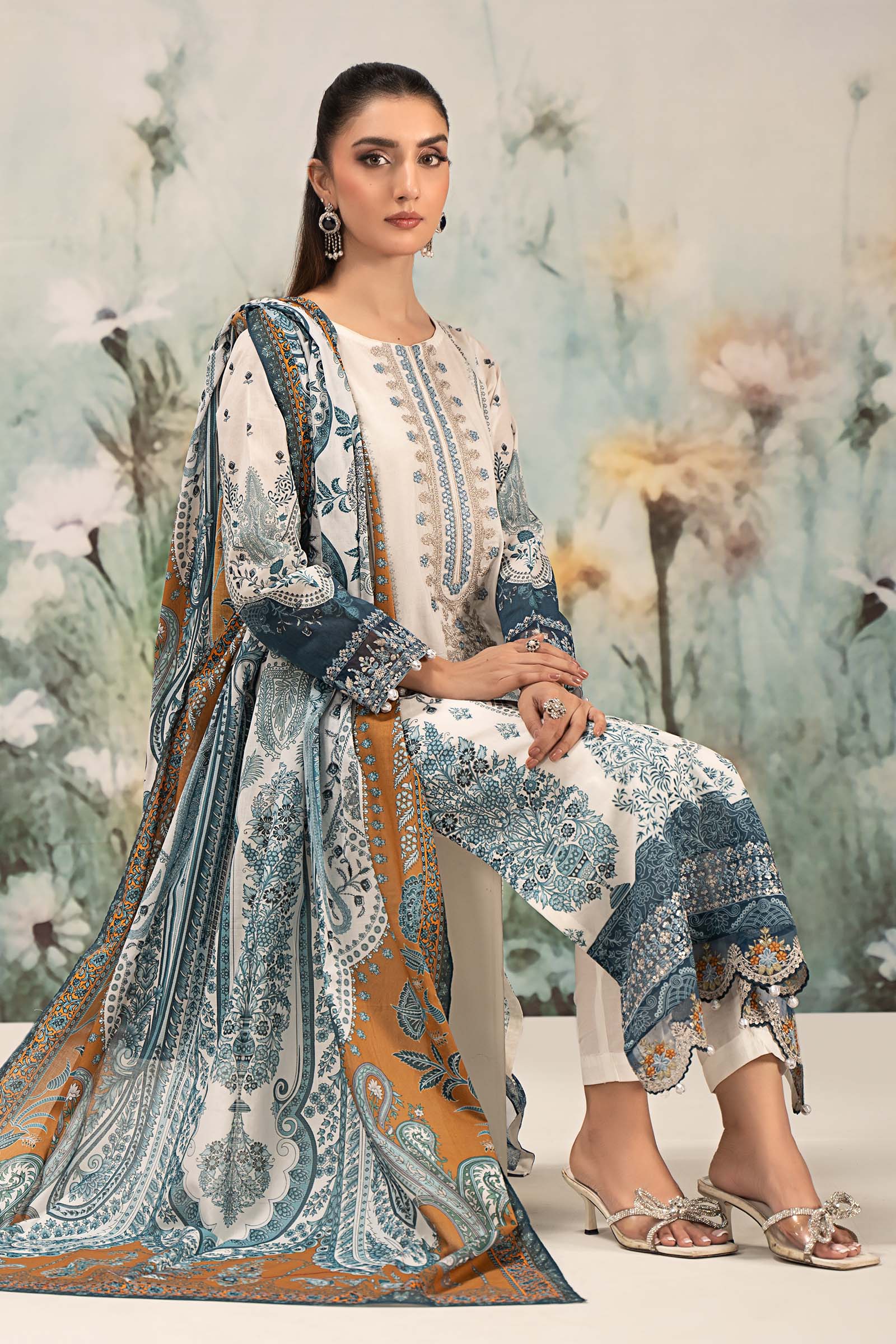 Pakistani Off White Embroidered Lawn Salwar Kameez (3-Piece) - Image 3