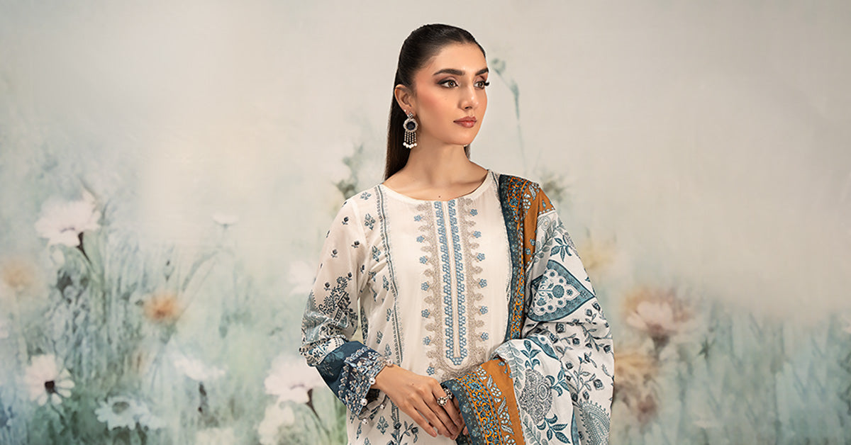 Pakistani Off White Embroidered Lawn Salwar Kameez (3-Piece) - Image 9