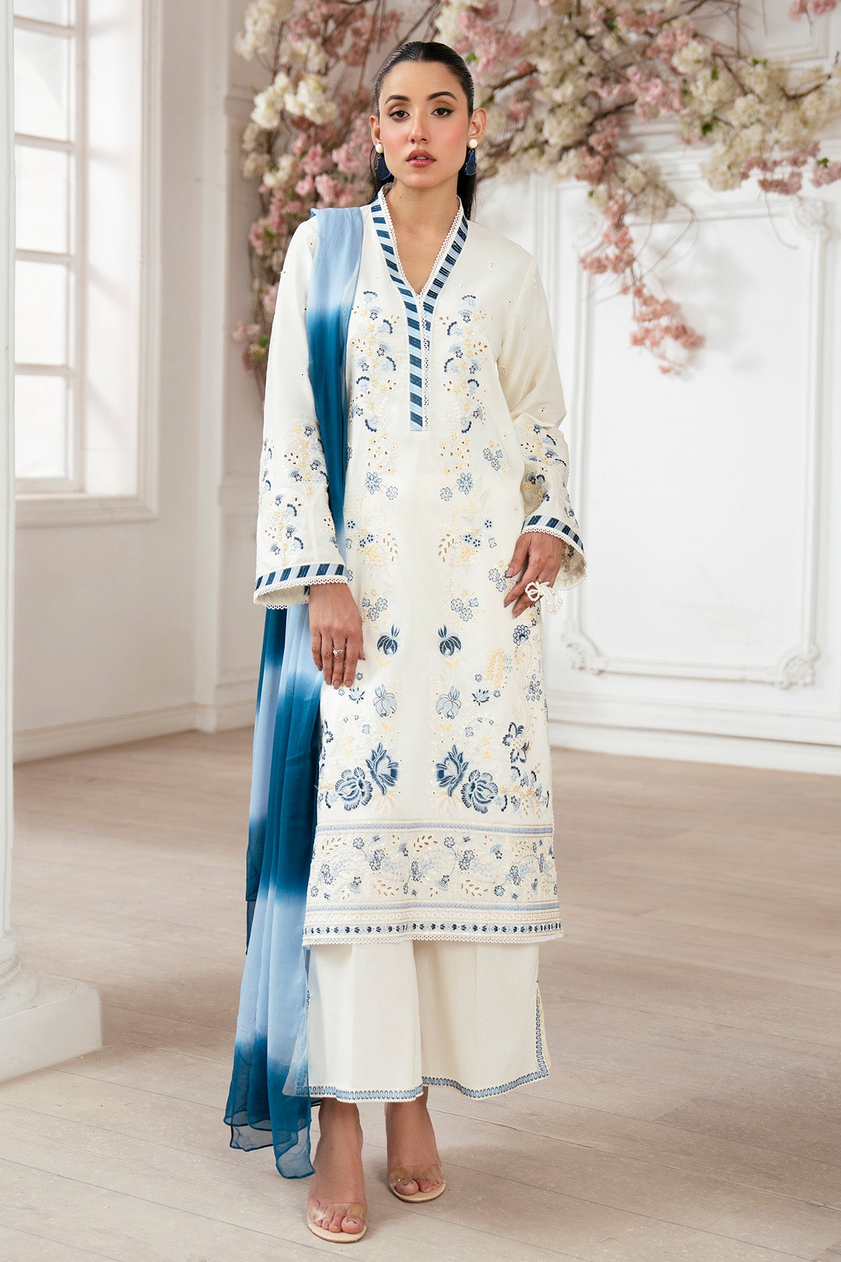 Pakistani Off-White Embroidered Lawn Salwar Kameez (3-Piece) - Image 1