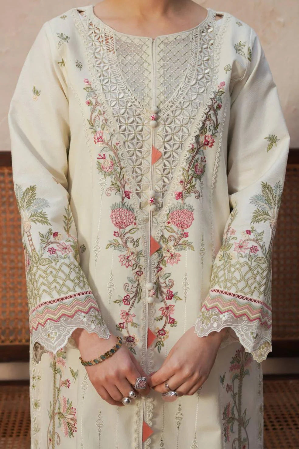Ivory Embroidered Lawn & Organza Salwar Kameez (3-Piece) - Image 2