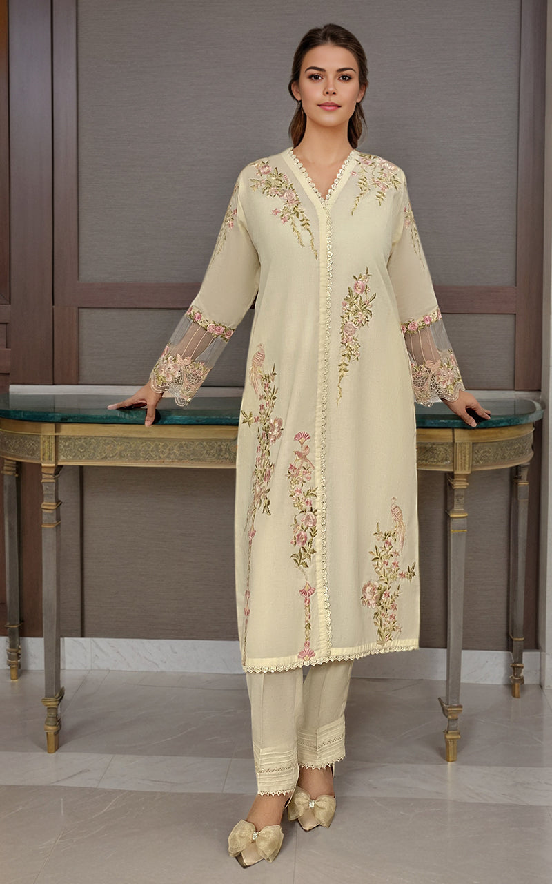 Ivory Embroidered Lawn Salwar Kameez (2-Piece) - Image 1