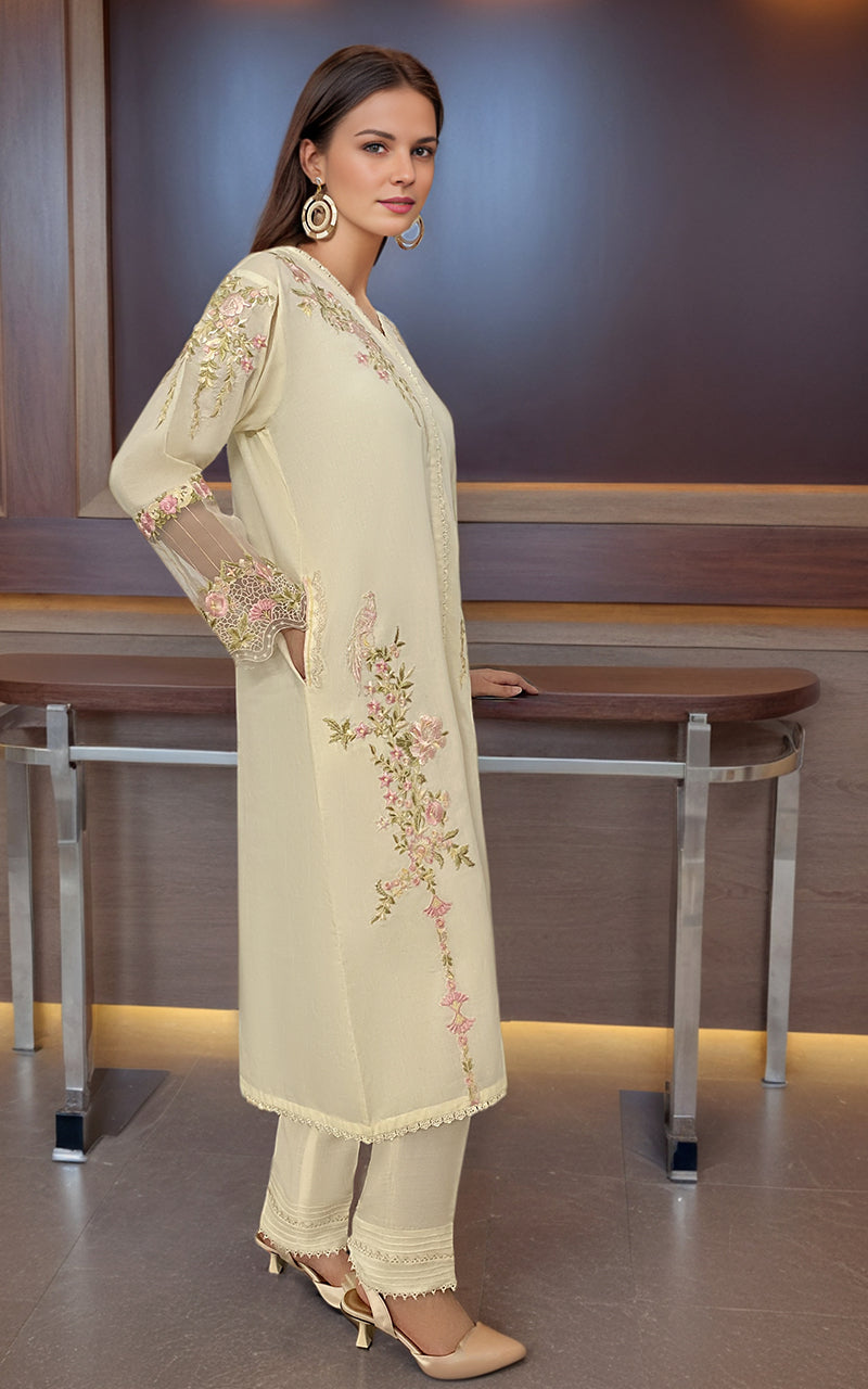 Ivory Embroidered Lawn Salwar Kameez (2-Piece) - Image 2
