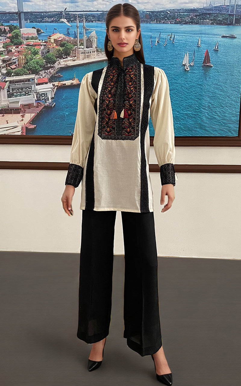 Pakistani Off-White Embroidered Lawn Tunic (2-Piece) - Image 2