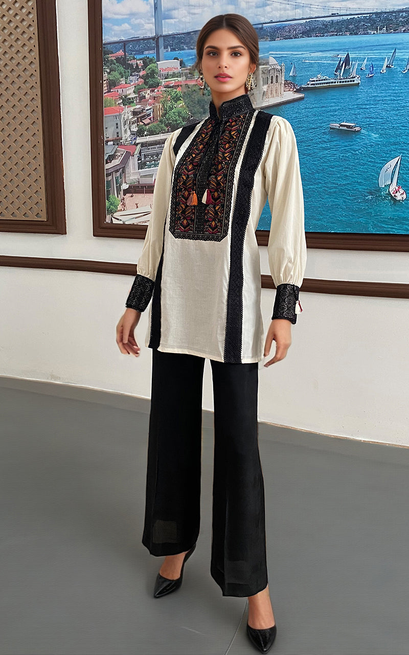 Pakistani Off-White Embroidered Lawn Tunic (2-Piece) - Image 3