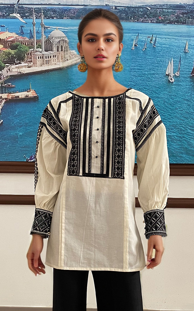 Pakistani Off White Black Embroidered Lawn Salwar Kameez (2-Piece) - Image 1