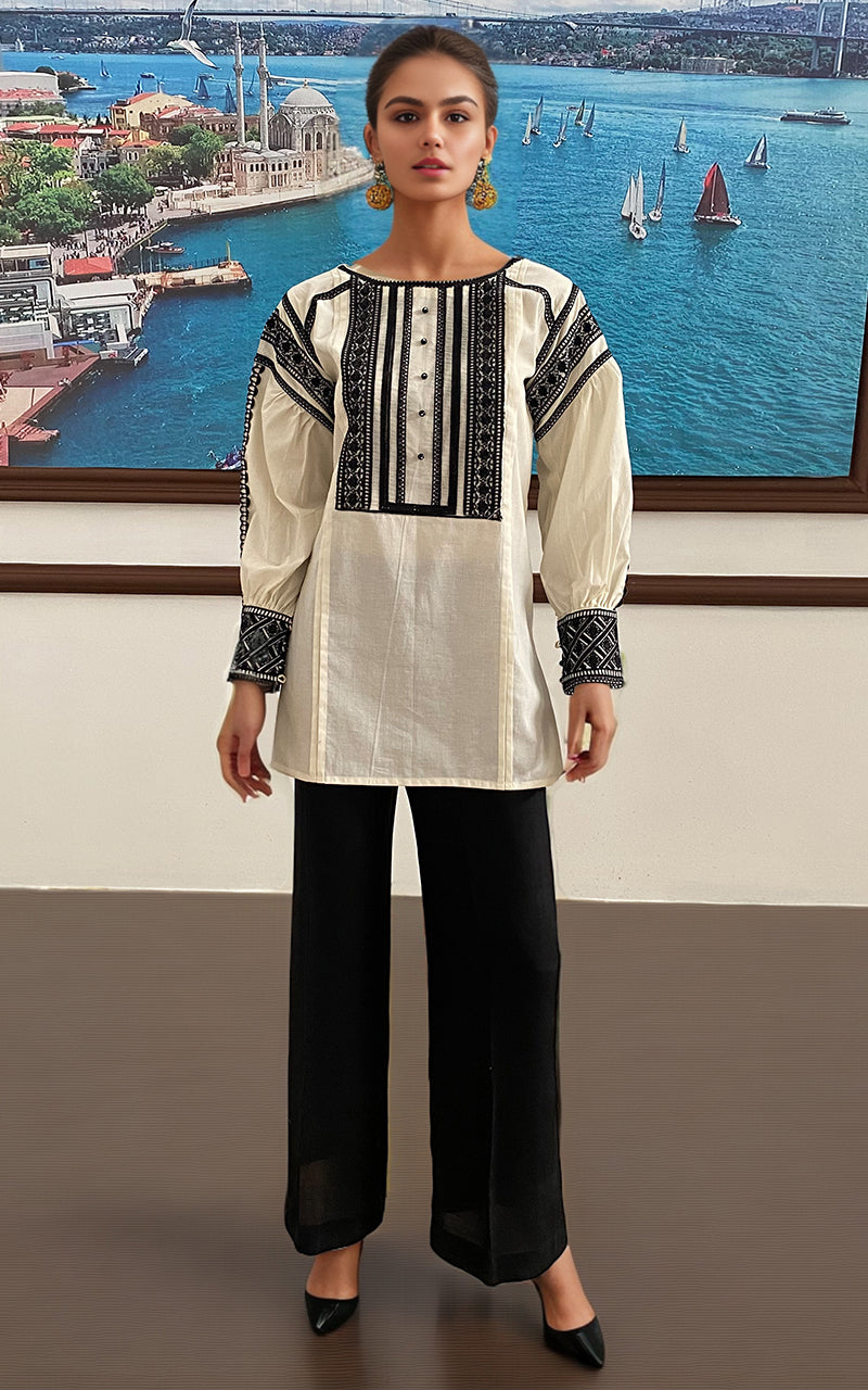 Pakistani Off White Black Embroidered Lawn Salwar Kameez (2-Piece) - Image 2