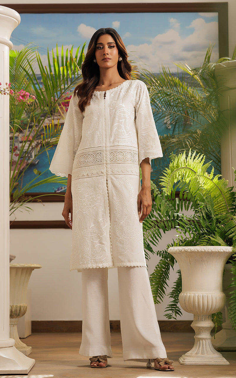 Pakistani Ivory Embroidered Lawn Front-Open Tunic (2-Piece) - Image 1