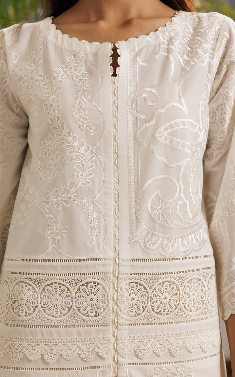 Pakistani Ivory Embroidered Lawn Front-Open Tunic (2-Piece) - Image 2