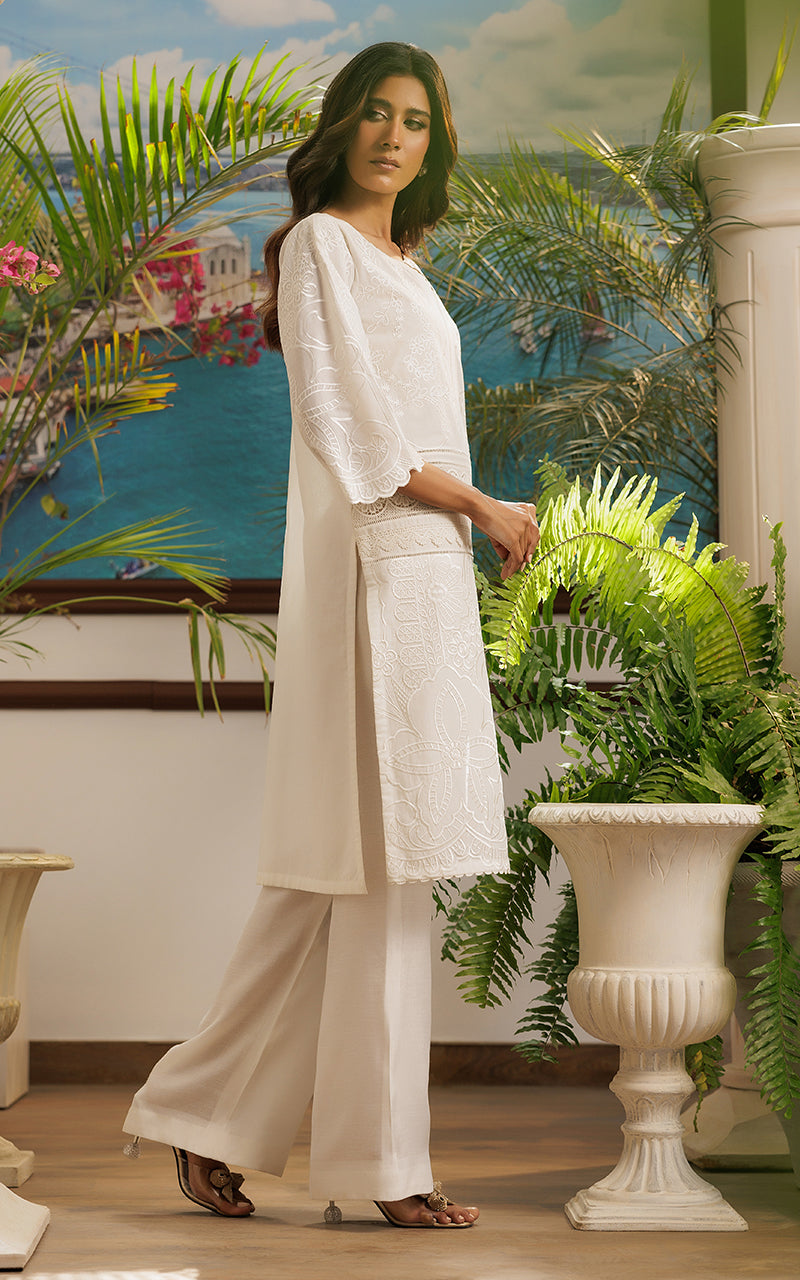 Pakistani Ivory Embroidered Lawn Front-Open Tunic (2-Piece) - Image 5