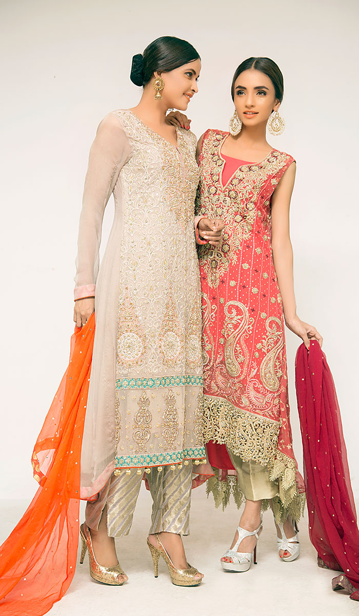 Ivory Gold Embroidered Net Salwar Kameez (3-Piece) - Image 1