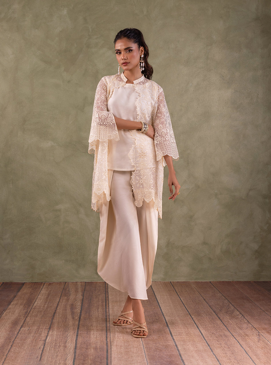 Ivory Chikankari Organza Coat 3-Piece - Image 5