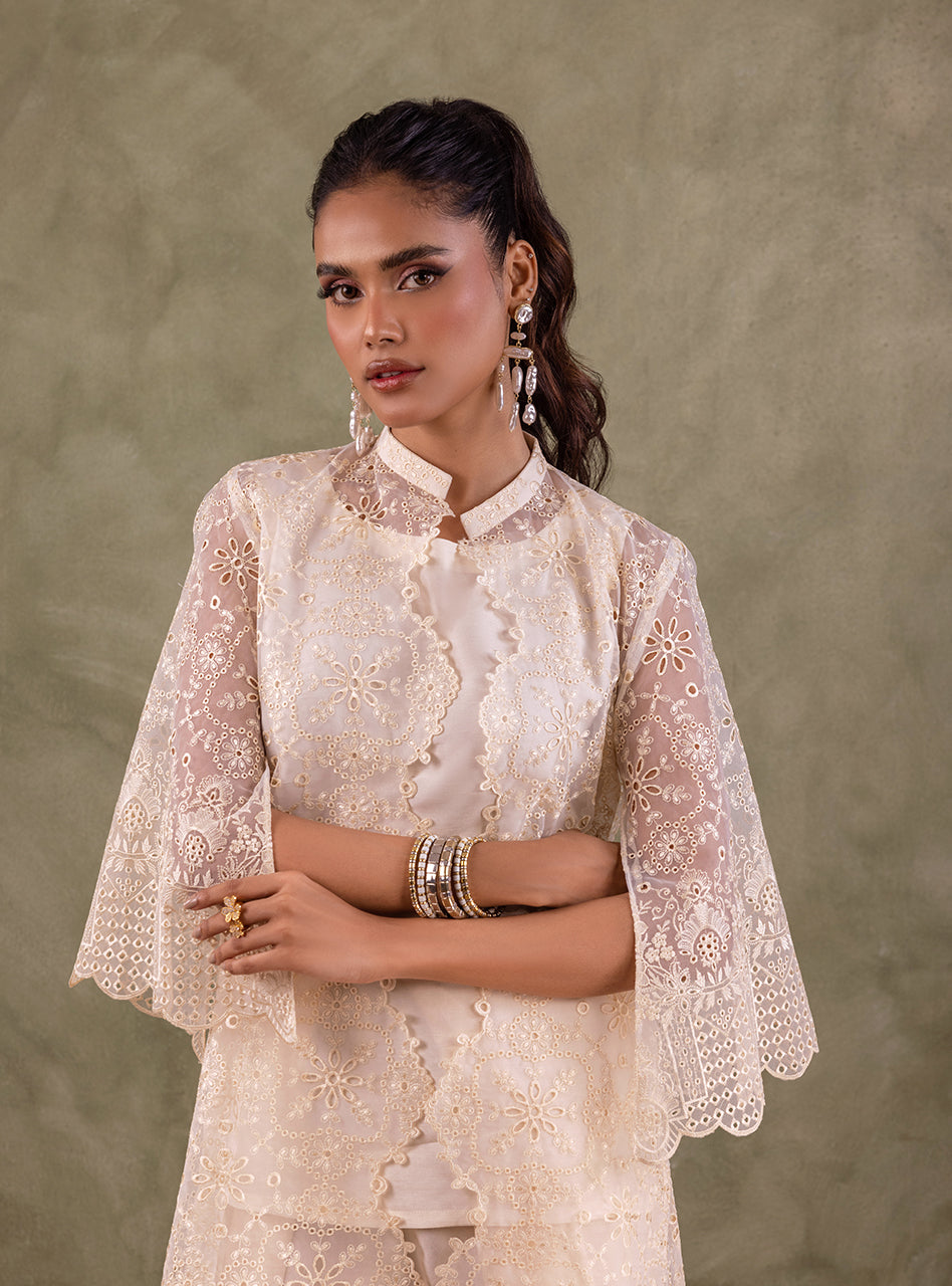 Ivory Chikankari Organza Coat 3-Piece - Image 7