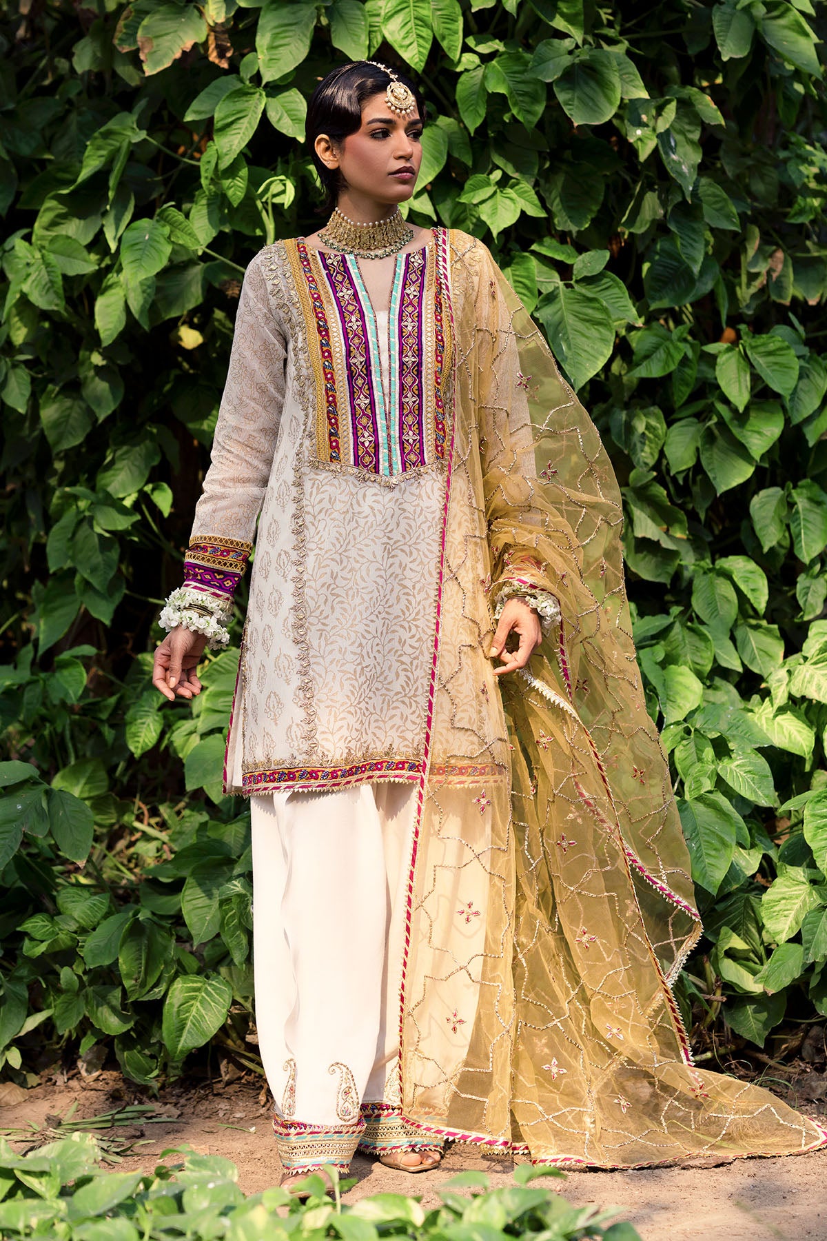Off-White Block Printed Organza Cotton Salwar Kameez (3-Piece) - Image 1