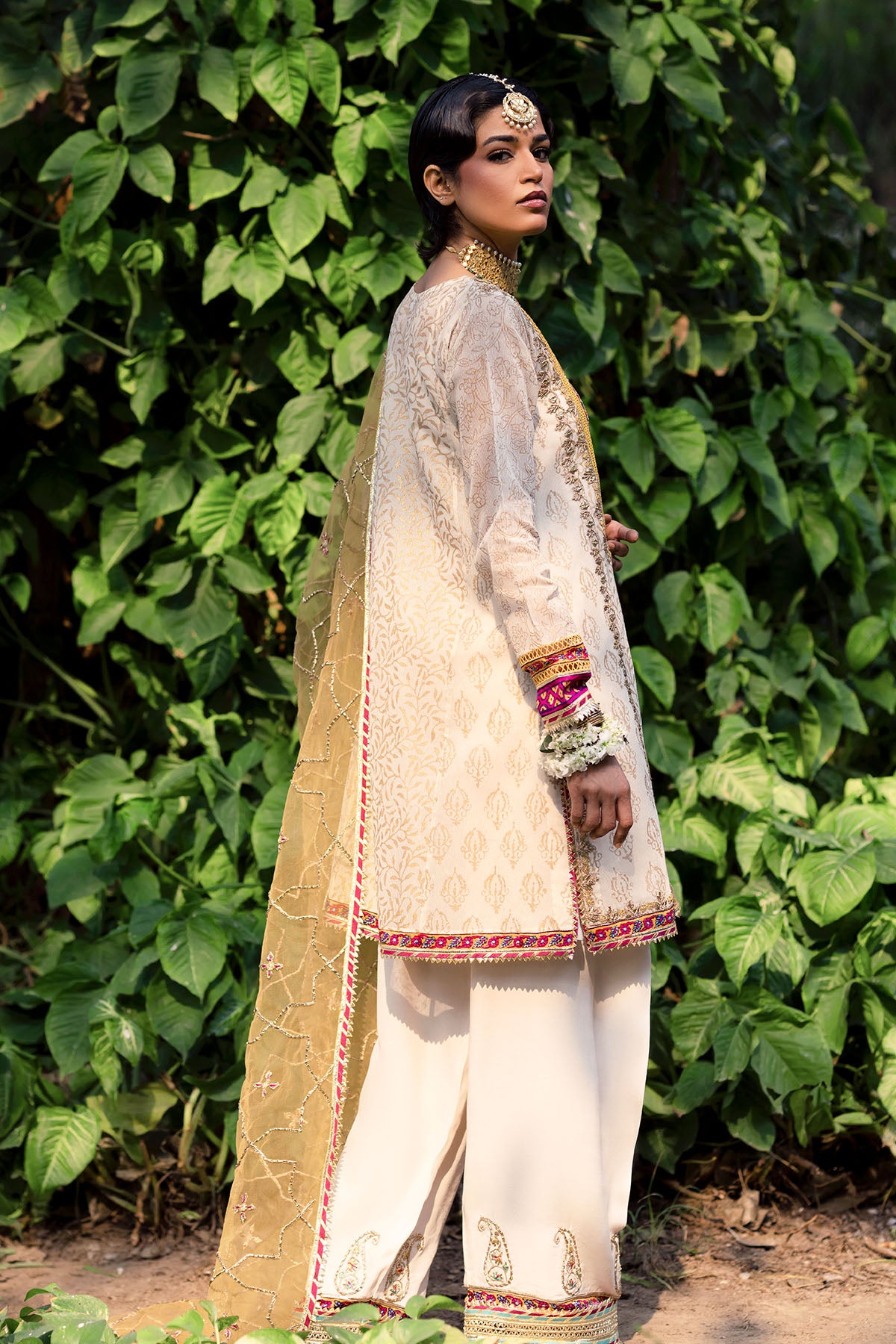 Off-White Block Printed Organza Cotton Salwar Kameez (3-Piece) - Image 2