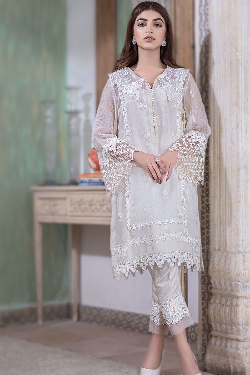 Ivory Embroidered Organza Salwar Kameez (2-Piece) - Image 1