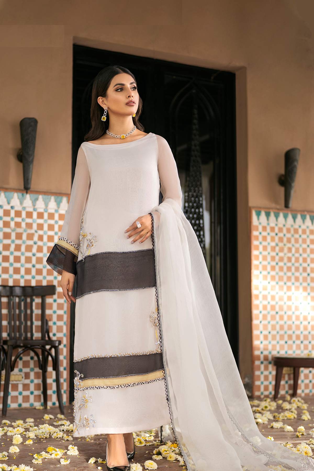 Pakistani Cream Embroidered Organza Salwar Kameez (3-Piece) - Image 1