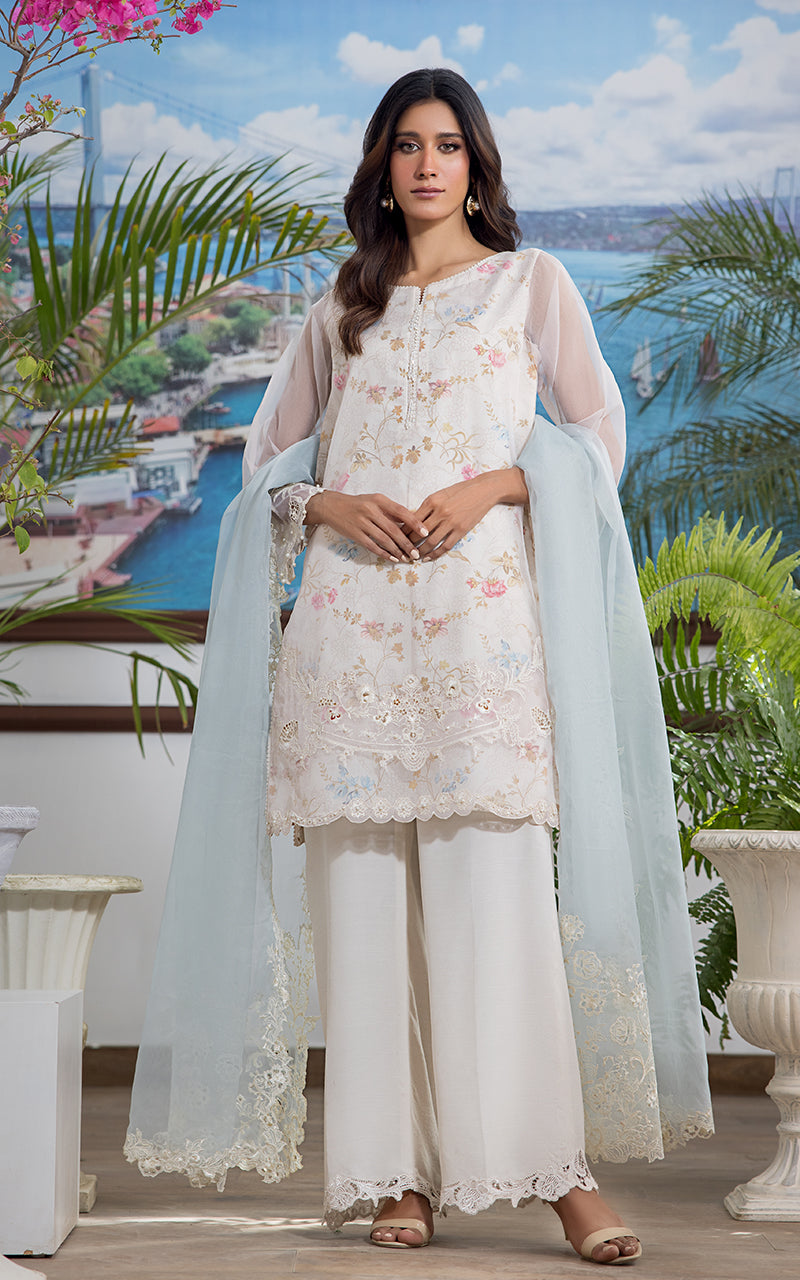 Pakistani Ivory Embroidered Organza Salwar Kameez (3-Piece) - Image 1