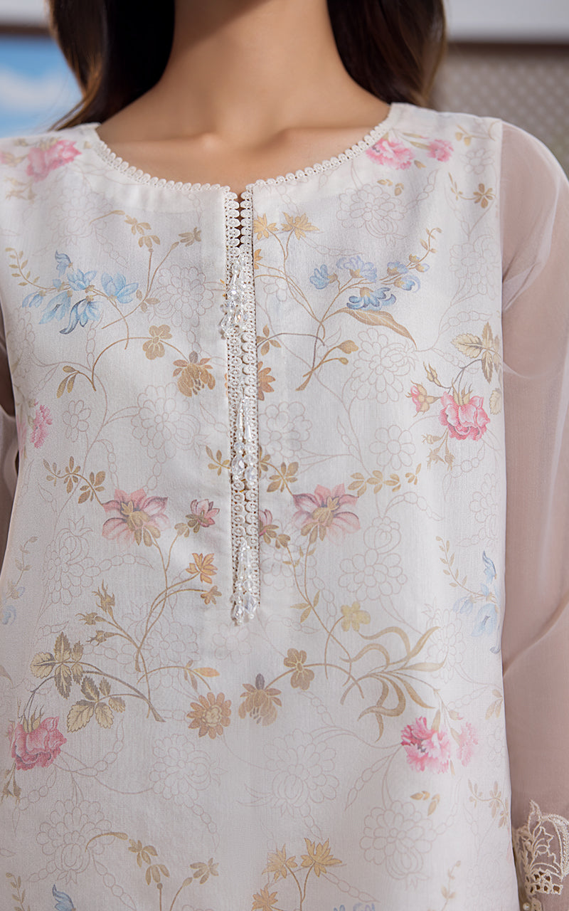 Pakistani Ivory Embroidered Organza Salwar Kameez (3-Piece) - Image 2