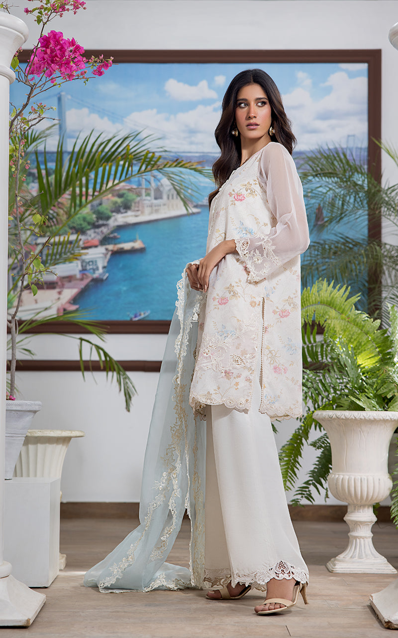 Pakistani Ivory Embroidered Organza Salwar Kameez (3-Piece) - Image 3