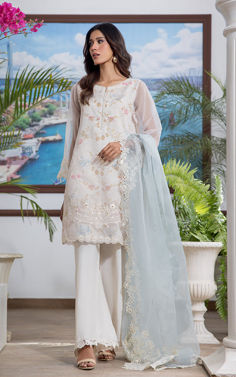 Pakistani Ivory Embroidered Organza Salwar Kameez (3-Piece) - Image 5