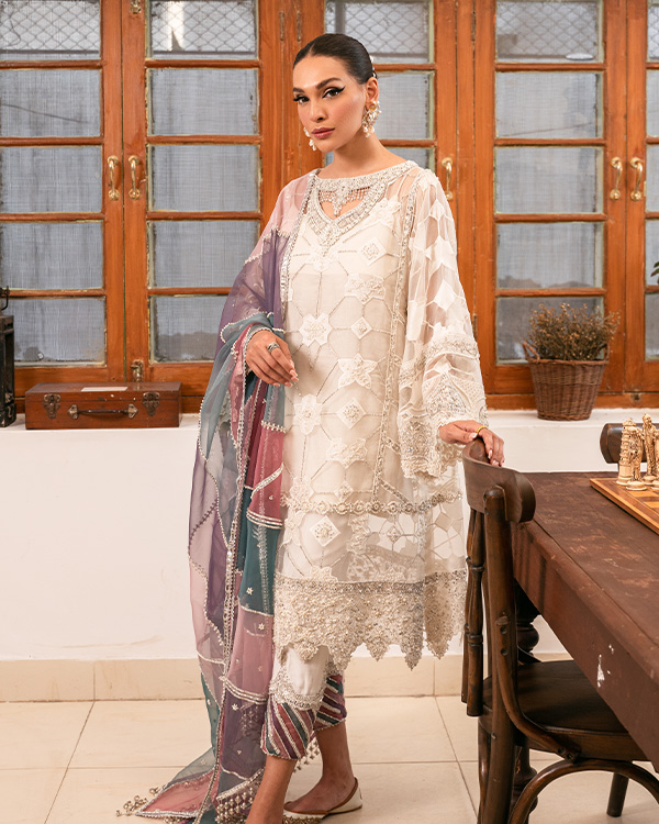 Pakistani Ivory Pearl Embellished Organza Salwar Kameez (3-Piece) - Image 1