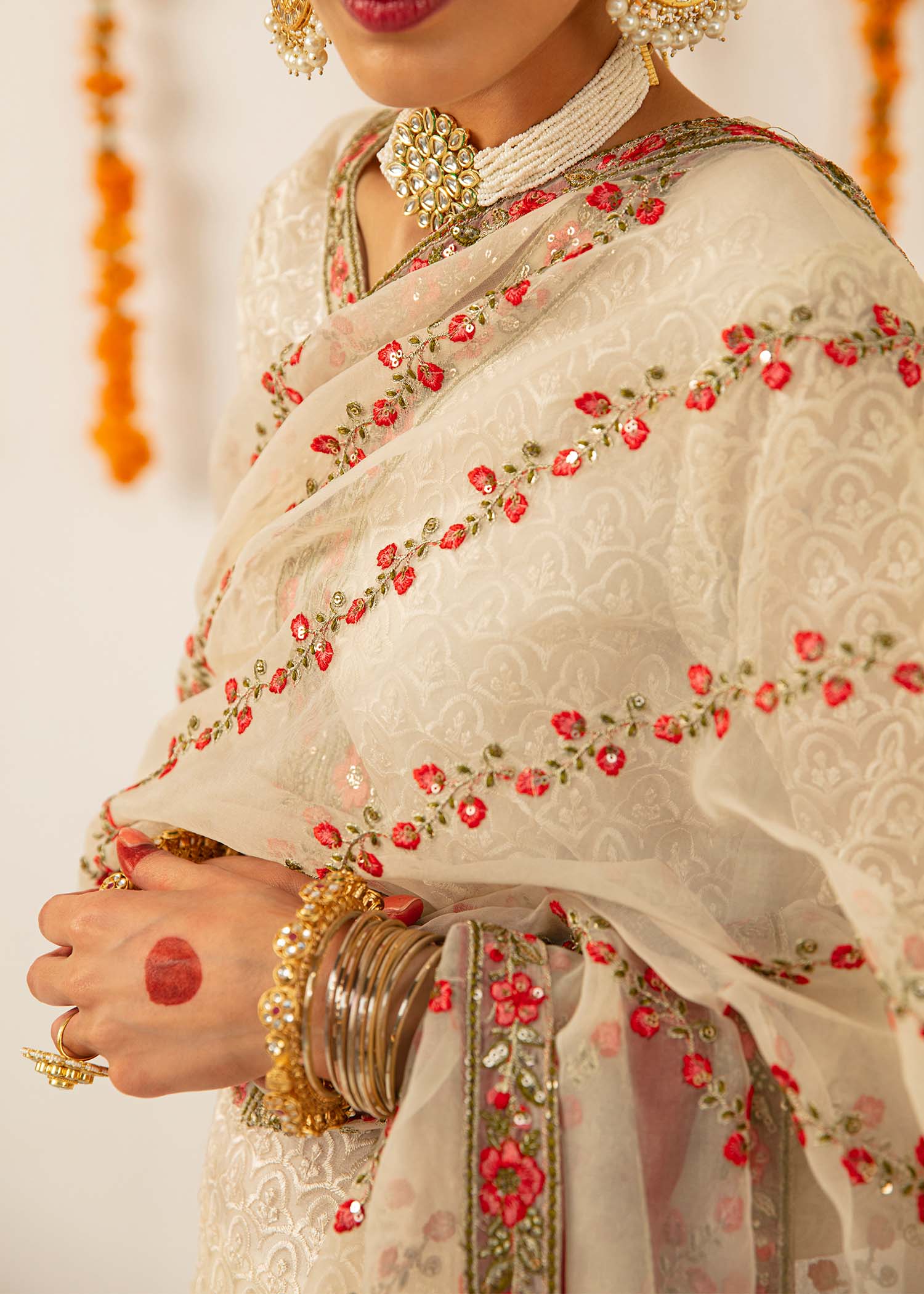 Pakistani Ivory Floral Embroidered Organza & Silk Kurta Set (3-Piece) - Image 6