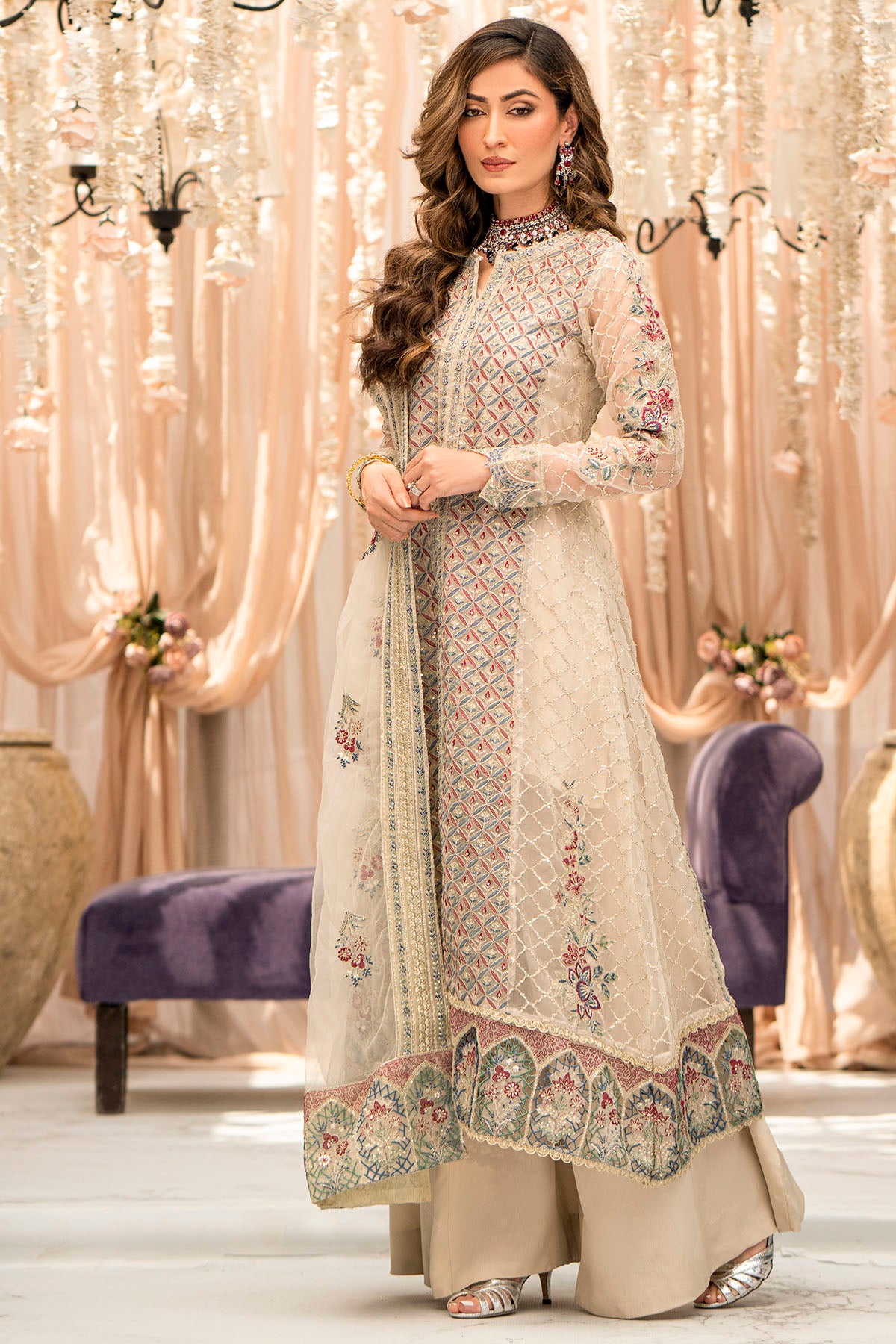 Ivory Embroidered Organza Salwar Kameez (3-Piece) - Image 1