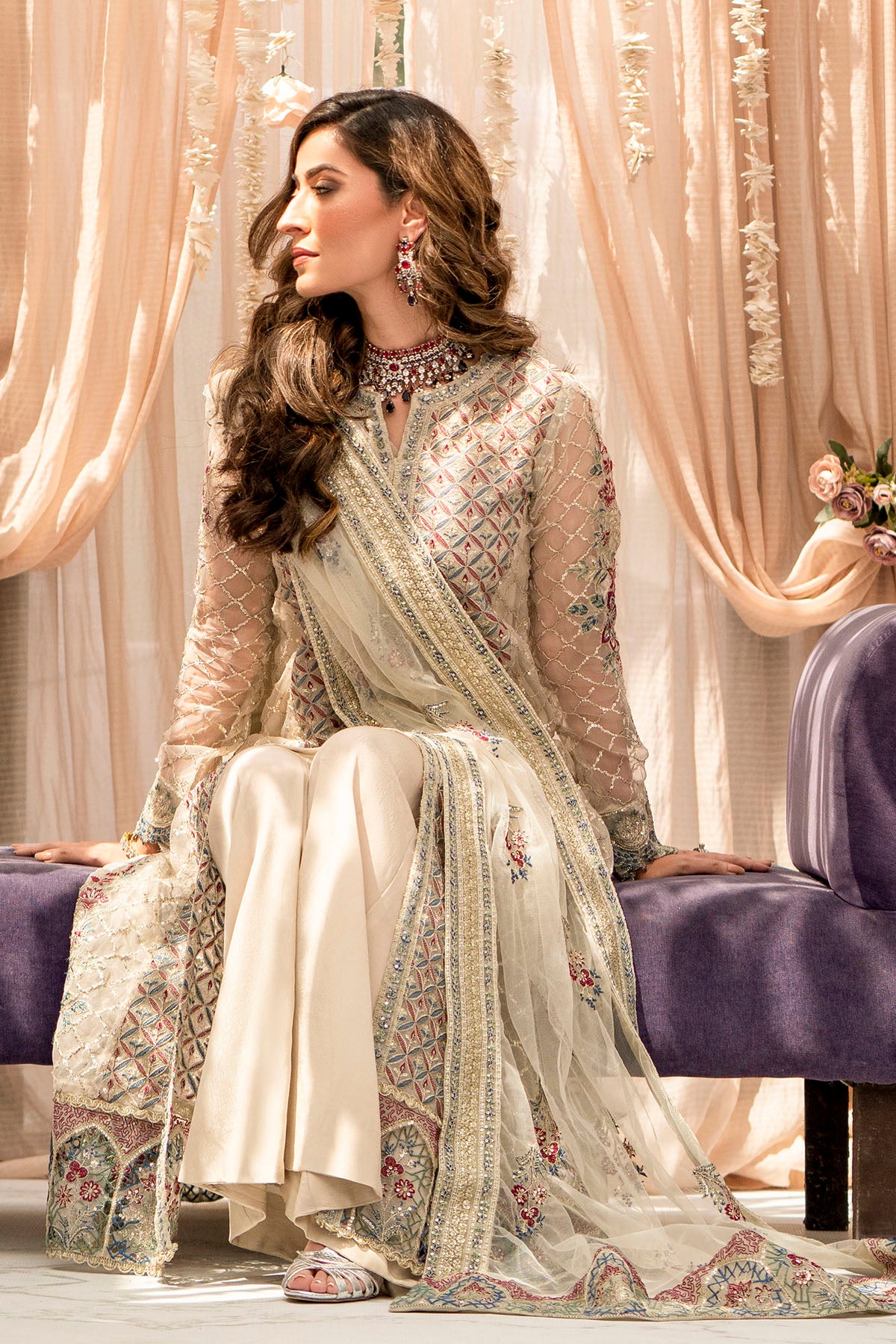 Ivory Embroidered Organza Salwar Kameez (3-Piece) - Image 2
