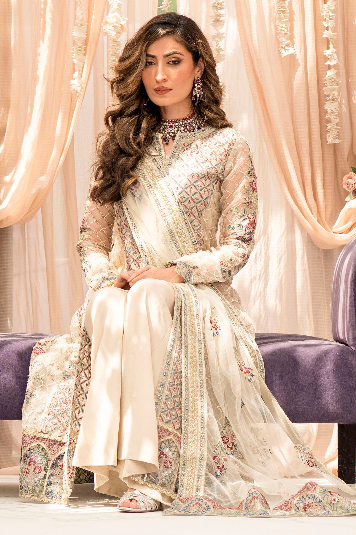 Ivory Embroidered Organza Salwar Kameez (3-Piece) - Image 3