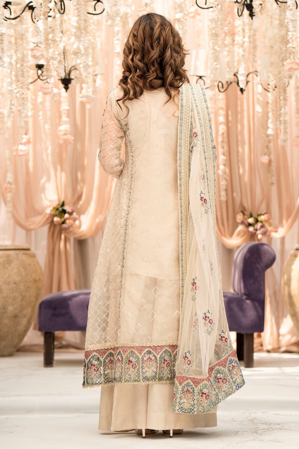 Ivory Embroidered Organza Salwar Kameez (3-Piece) - Image 4