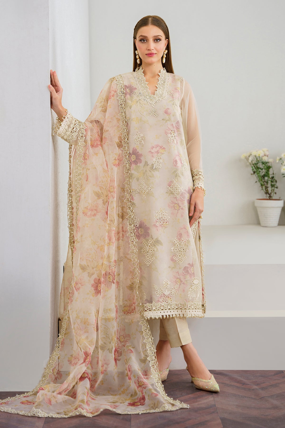 Pakistani Ivory Pastel Floral Embroidered Organza Salwar Kameez (3-Piece) - Image 1