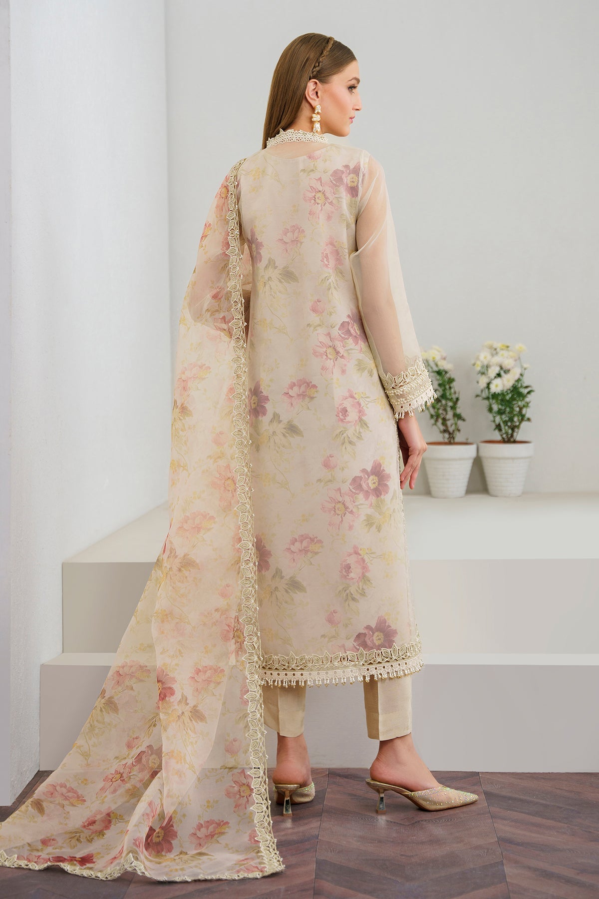 Pakistani Ivory Pastel Floral Embroidered Organza Salwar Kameez (3-Piece) - Image 2