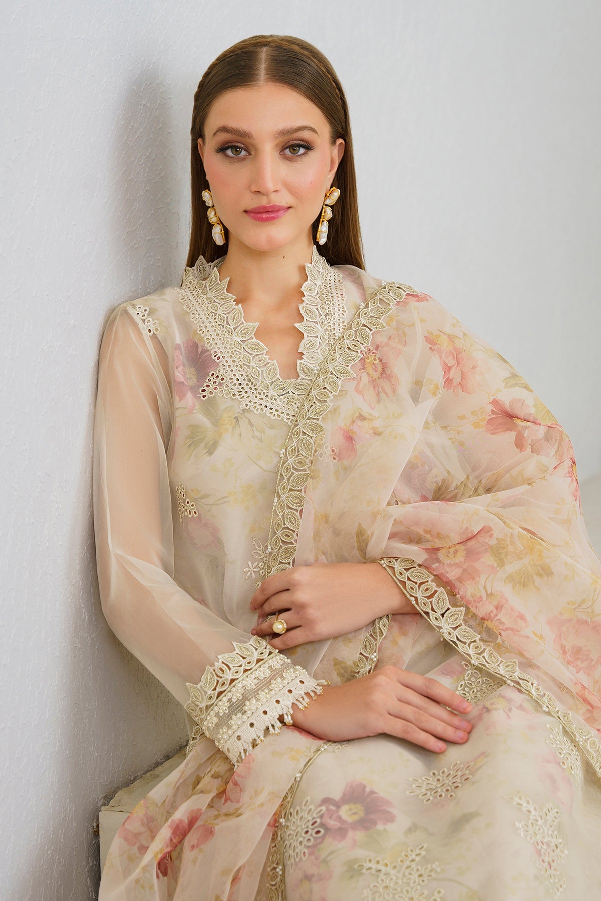 Pakistani Ivory Pastel Floral Embroidered Organza Salwar Kameez (3-Piece) - Image 4