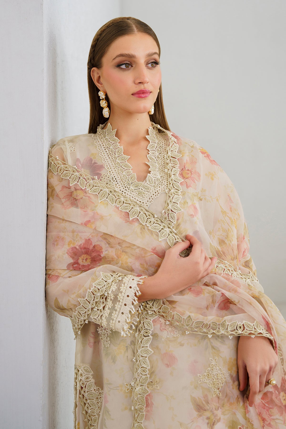 Pakistani Ivory Pastel Floral Embroidered Organza Salwar Kameez (3-Piece) - Image 5