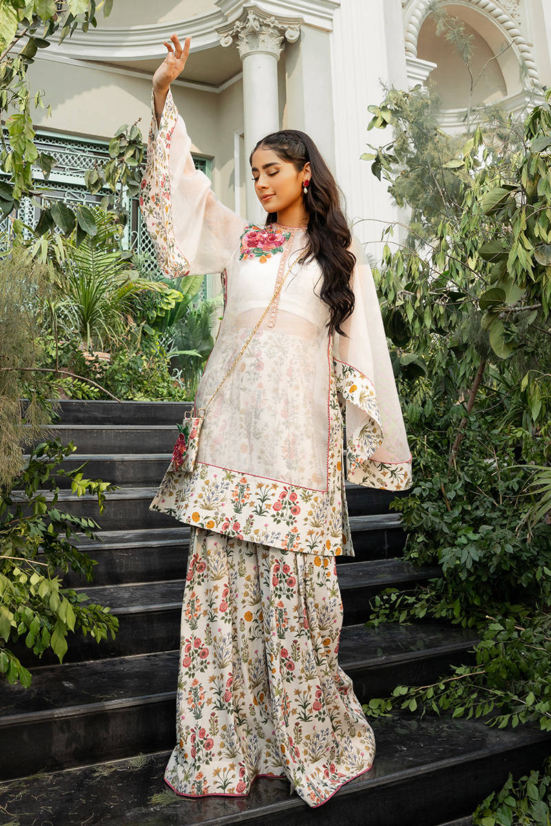 Pakistani Ivory Printed Short Shirt & Palazzo Pants (2-Piece) - Image 1