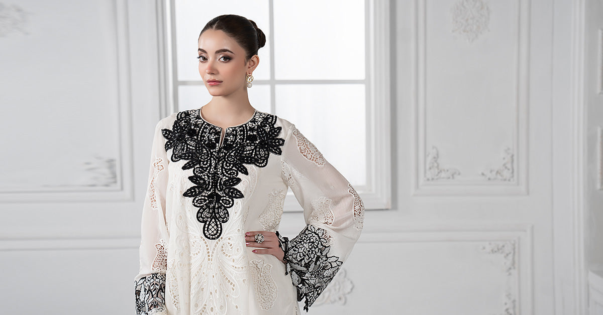 Pakistani Off-White Embroidered Paper Cotton 3-Piece Suit - Image 10