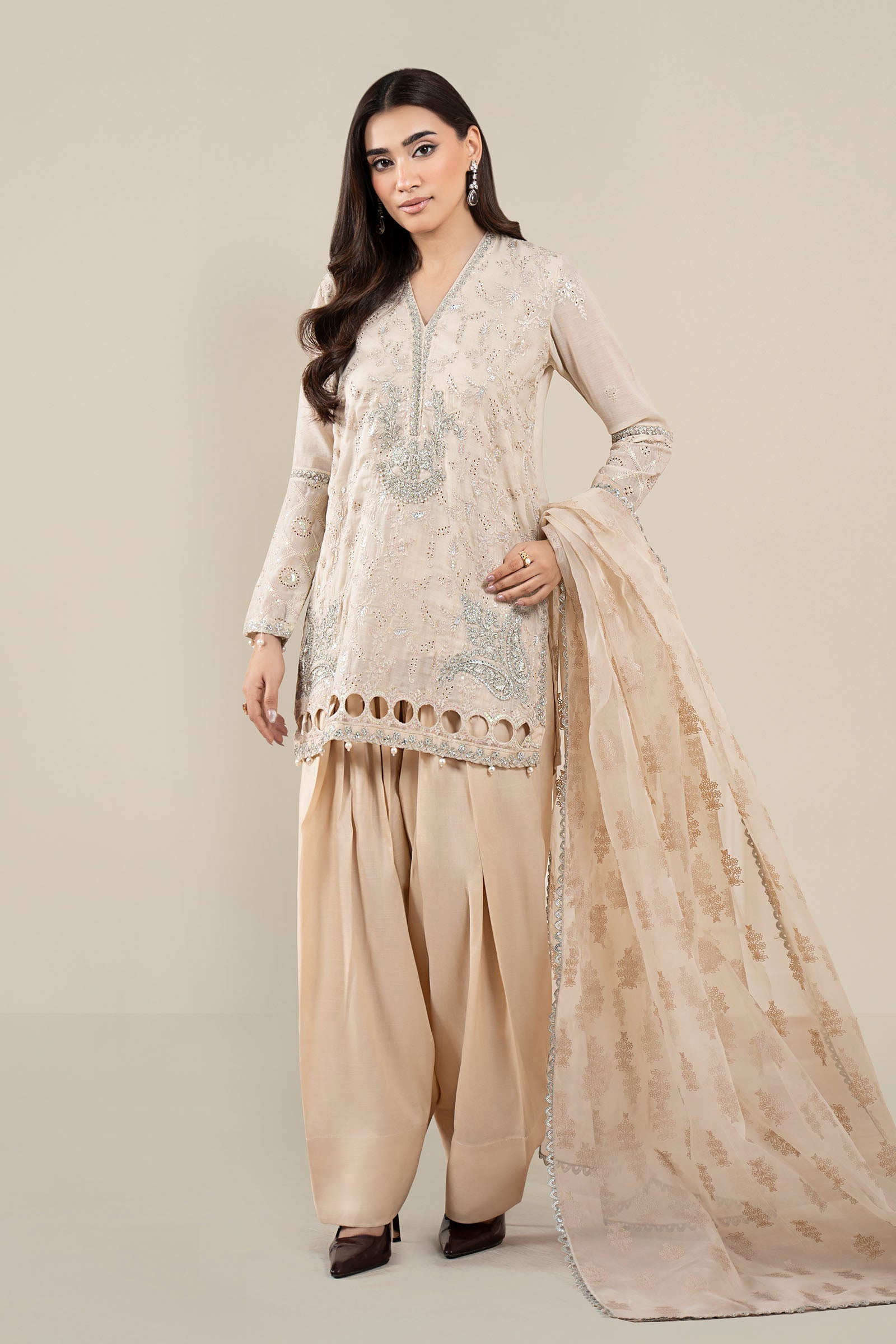 Off-White Embroidered Paper Cotton Salwar Kameez (3-Piece) - Image 1