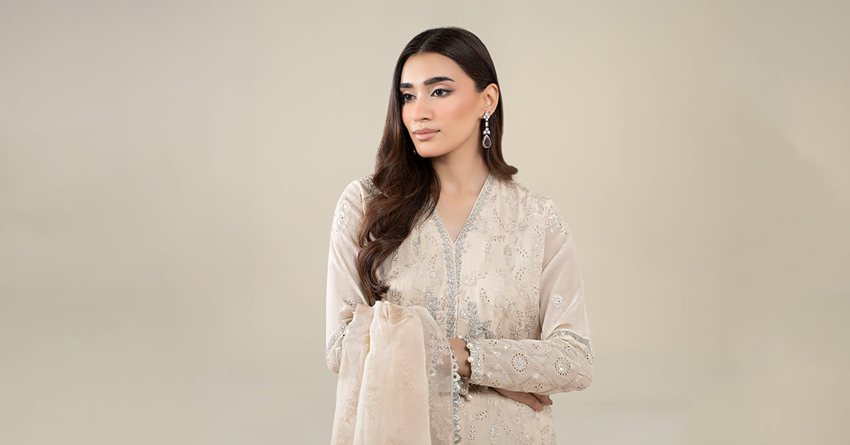 Off-White Embroidered Paper Cotton Salwar Kameez (3-Piece) - Image 2